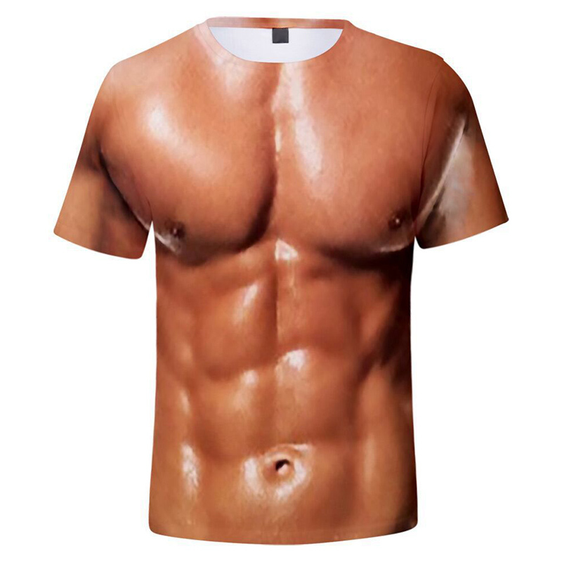 Men's 3D T-Shirt Bodybuilding Simulated Muscle Shirt Nude Skin Chest Muscle  Tee Shirt Short-Sleeve 2XL 
